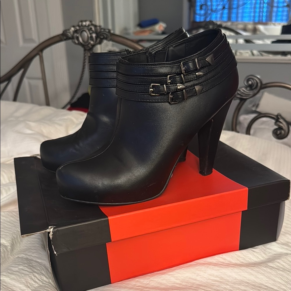 G by Guess Black Heeled Boots with Buckle Detail